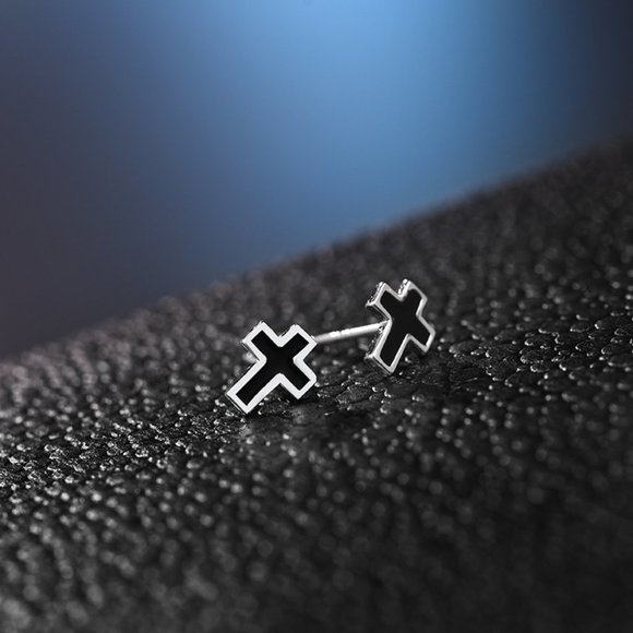 Black Cross Stud Earrings - Picture 5 of 10